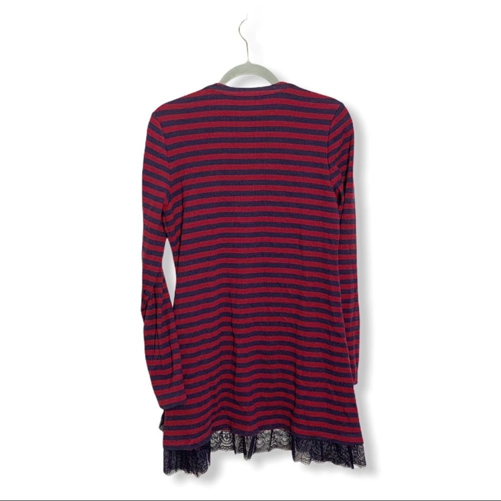 LOGO Lori Goldstein Striped Cardigan Lace Hem - Picture 2 of 5